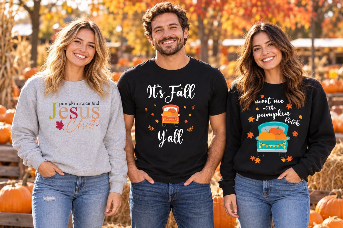 Three friends wearing Autumn and Fall shirts and sweatshirts with pumpkin spice and pumpkin truck designs at a pumpkin patch.