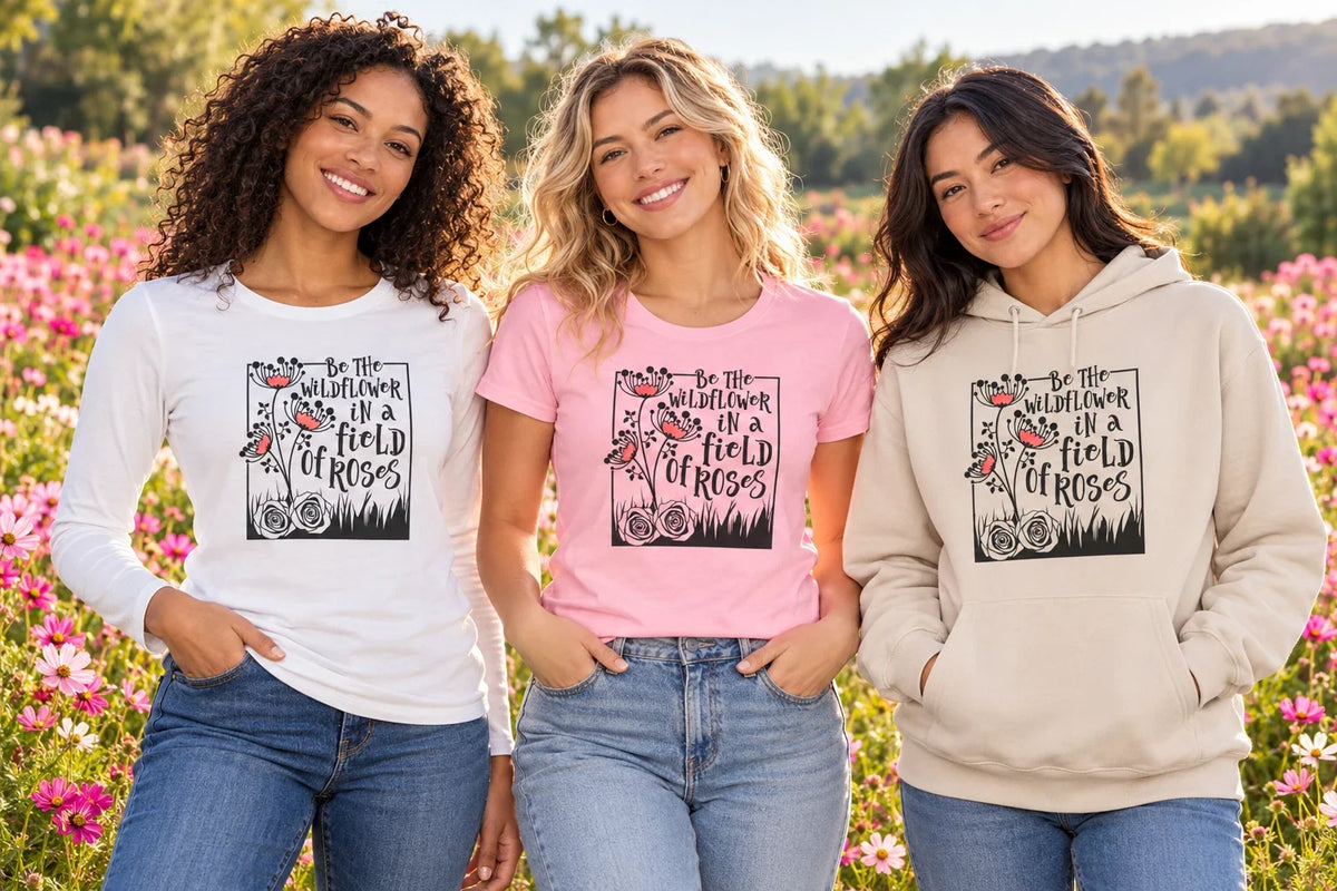 Three women wearing Be The Wildflower In A Field of Roses shirts and a sand hoodie in a flower garden.