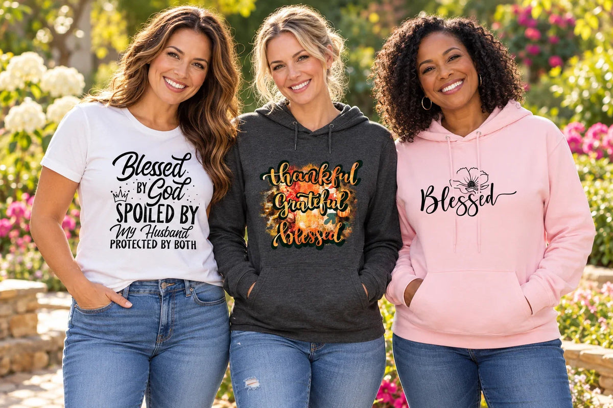 Three women wearing Blessed shirts and hoodies with faith, gratitude, and floral designs in a sunny garden.