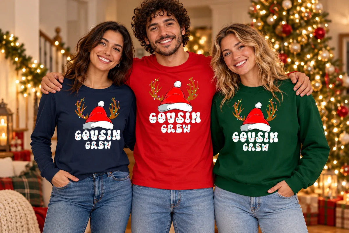 Three adults wearing Cousins apparel with matching Cousin Crew Christmas designs on navy and red long-sleeve shirts and a green sweatshirt.