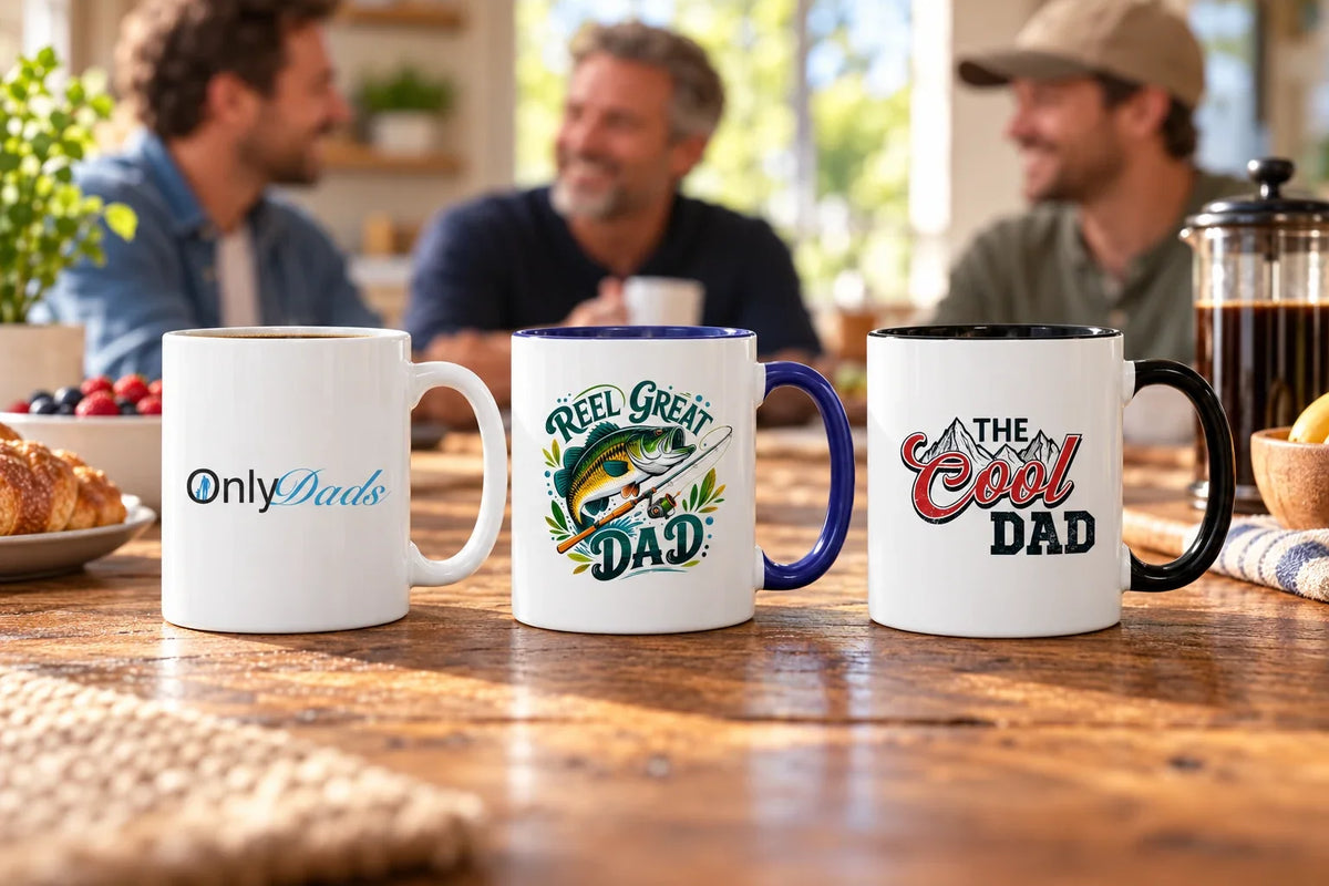 Dad Coffee Mugs with OnlyDads, Reel Great Dad fishing, and The Cool Dad mountain designs on a breakfast table with fathers in the background.