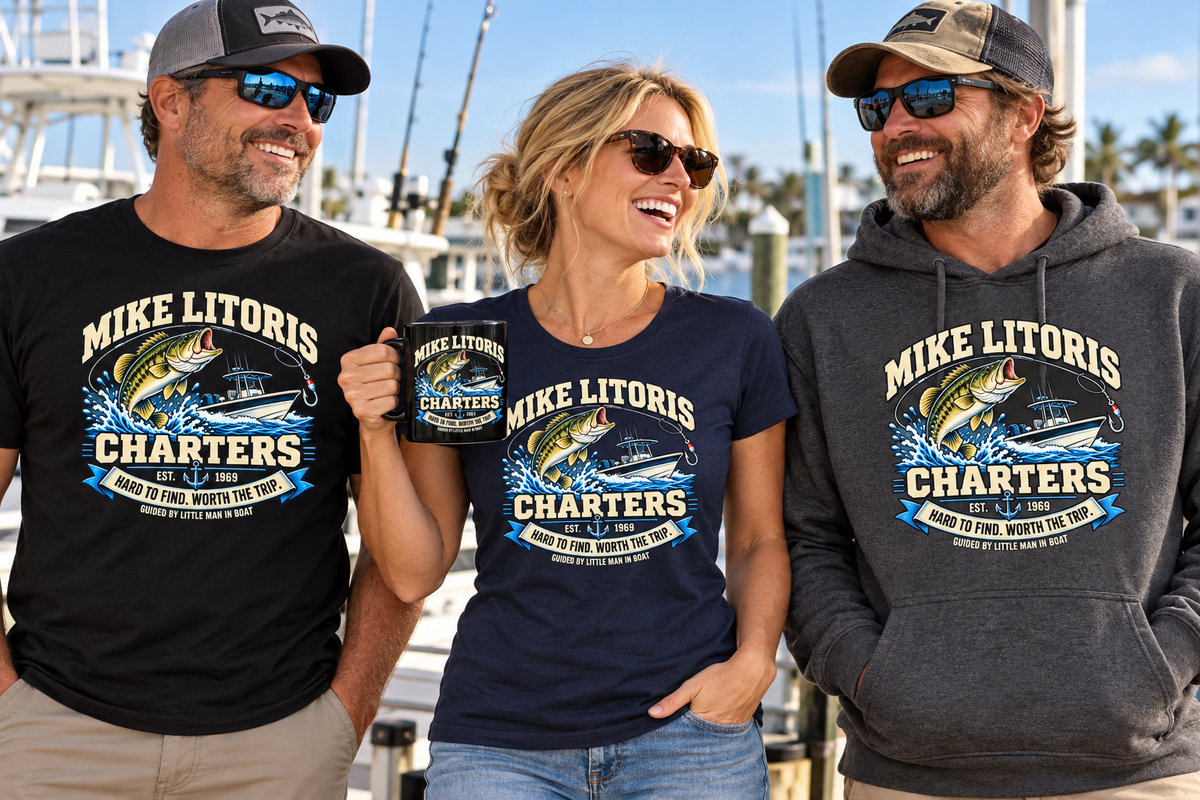 Mike Litoris Fishing Charters graphic tees and hoodie modeled by adults with a matching fishing coffee mug