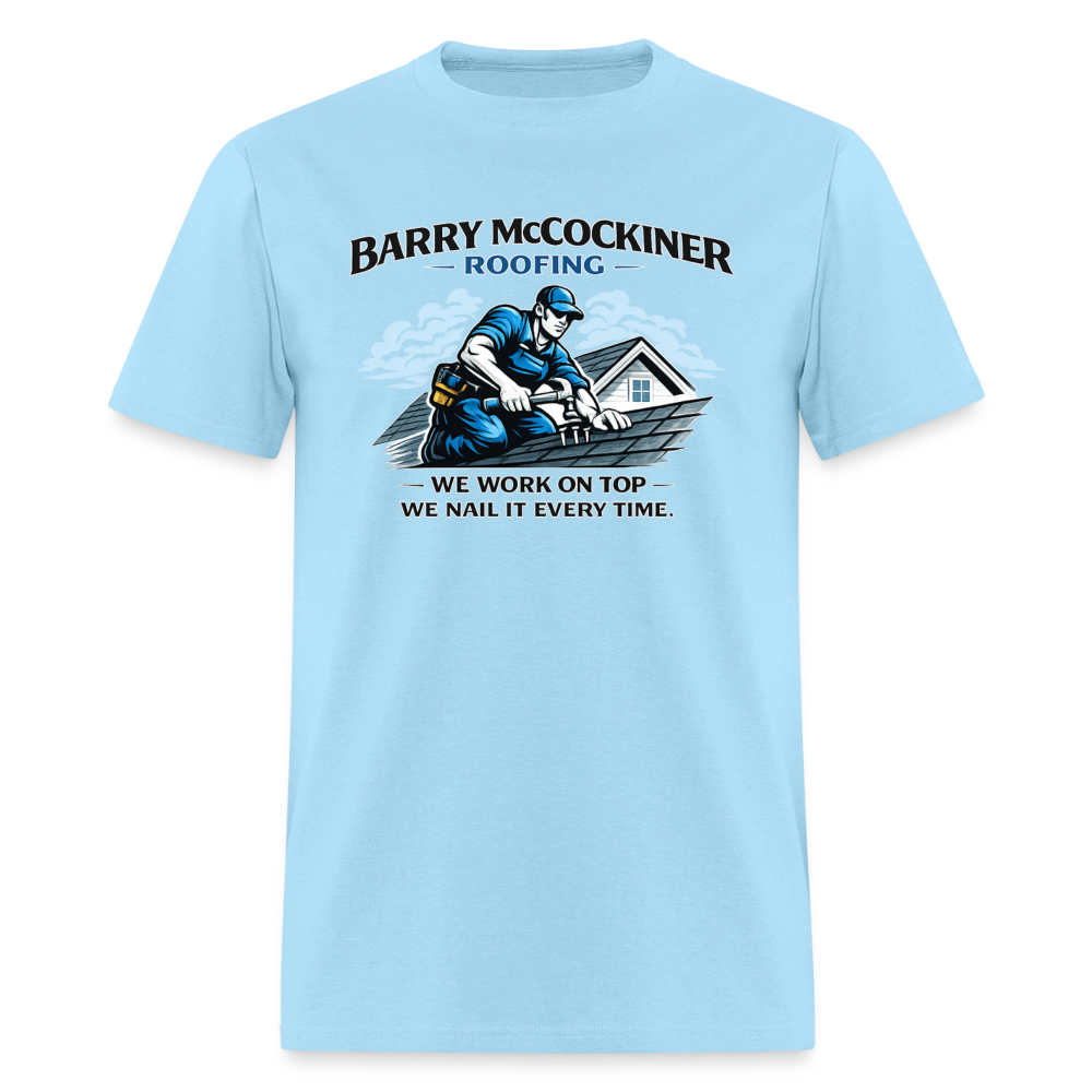 Barry McCockiner Roofing Funny Adult T-Shirt Color: Powder Blue