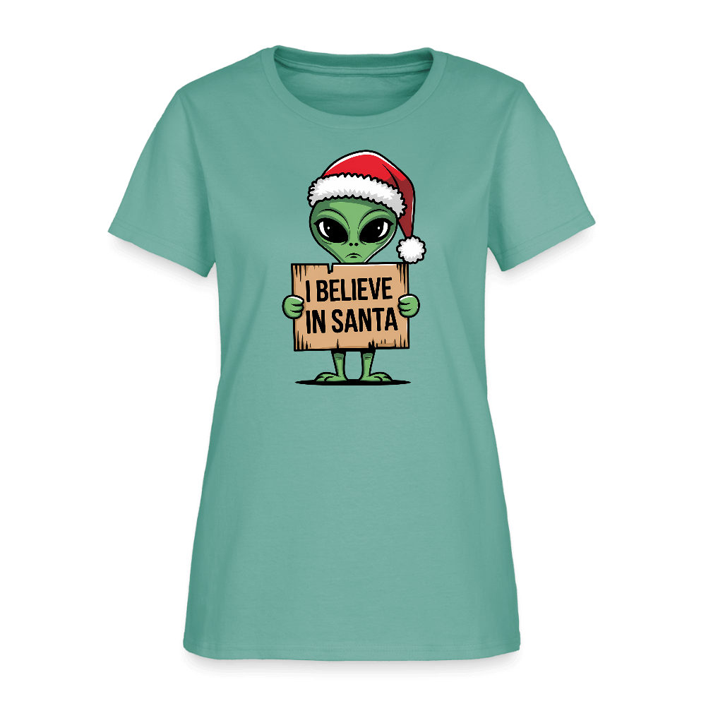 I Believe in Santa Women’s T-Shirt – Alien Christmas Tee Color: aquatic