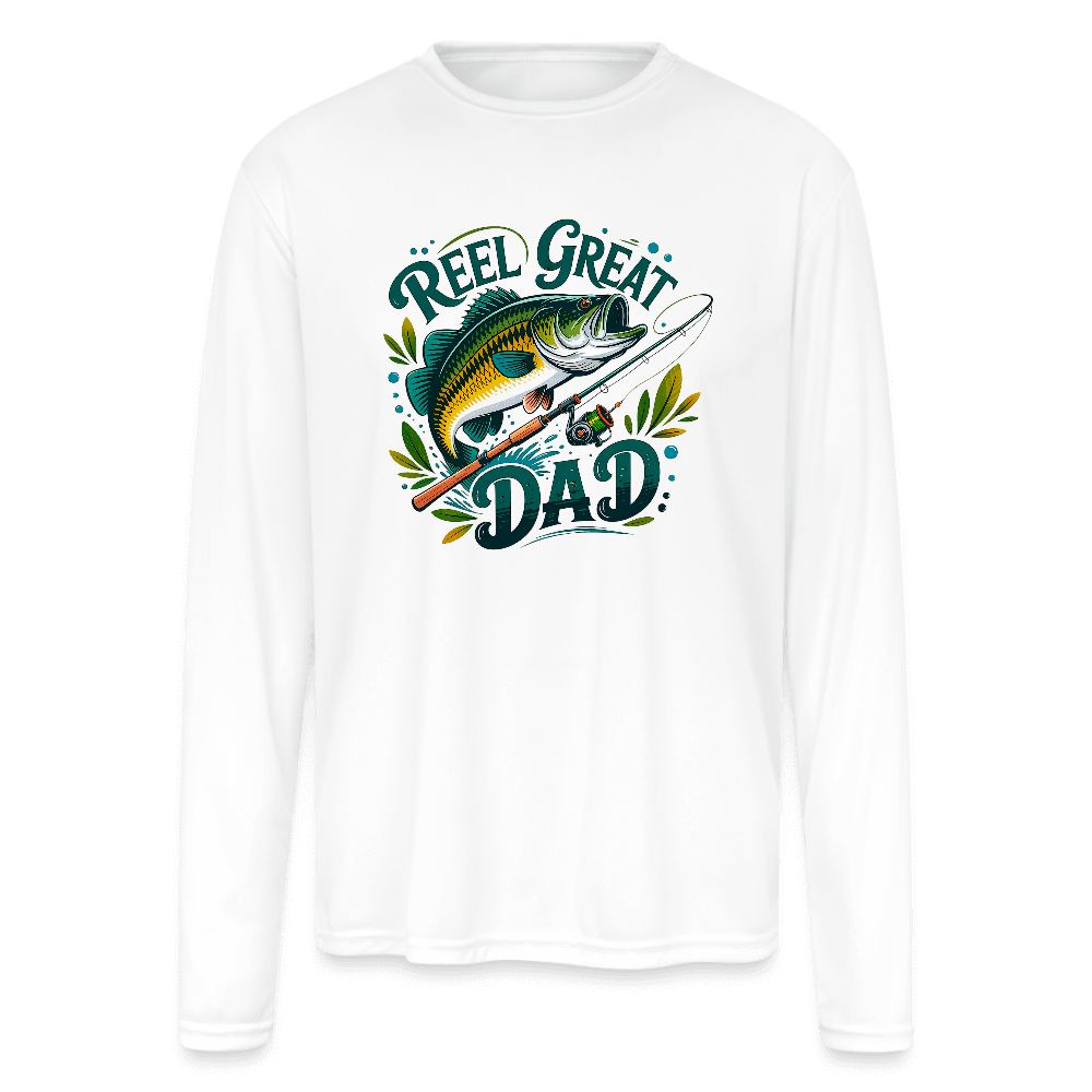 Reel Great Dad Long Sleeve Fishing Shirt with Rod & Fish - white