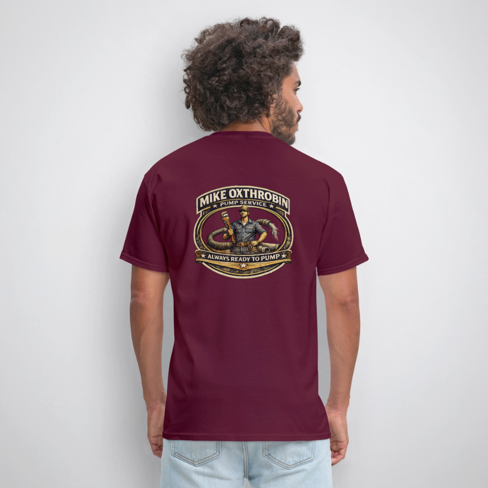 Mike Oxthrobin Pump Service Double-Sided Funny Humor Tee Color: dark red