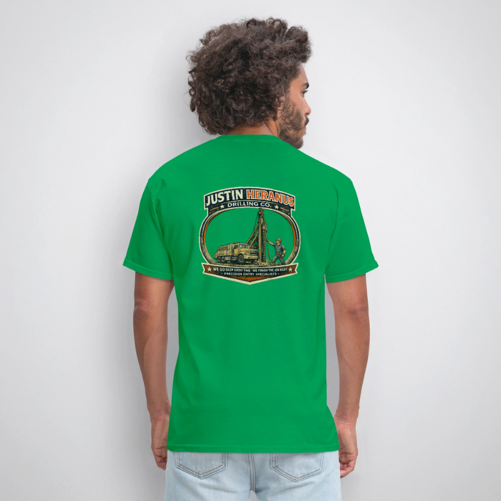 Justin Heranus Drilling Co Double Sided Funny Humor Tee - bright green