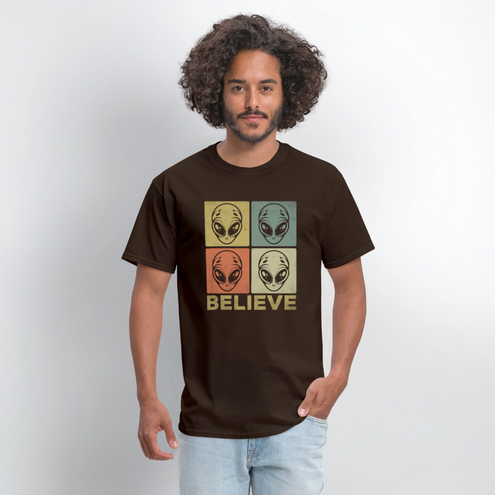 Believe Alien T-Shirt – UFO Style with Alien Faces Design - brown
