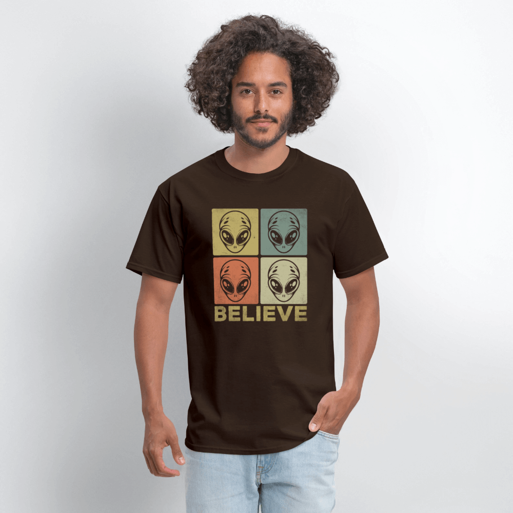Believe Alien T-Shirt – UFO Style with Alien Faces Design Color: white