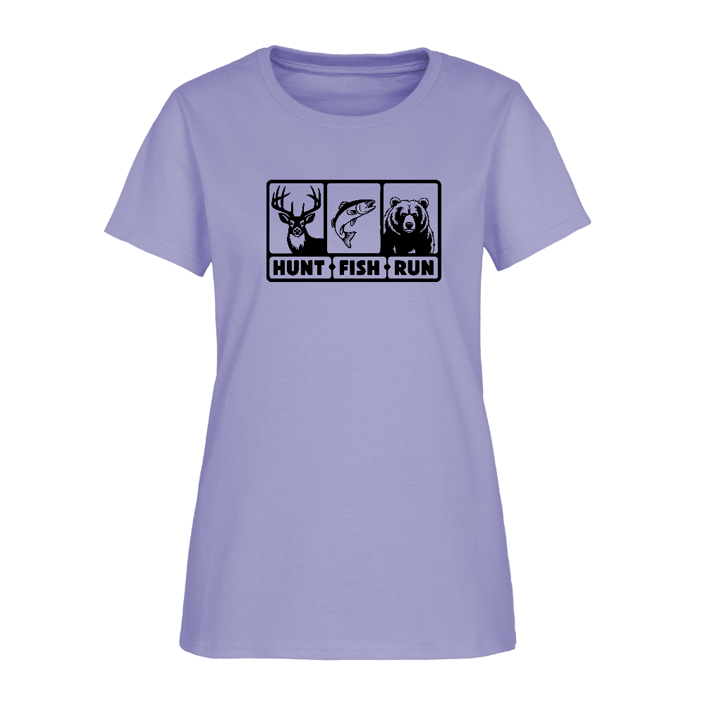 Hunt Fish Run Women’s Tee – Funny Outdoor Shirt Color: lavender