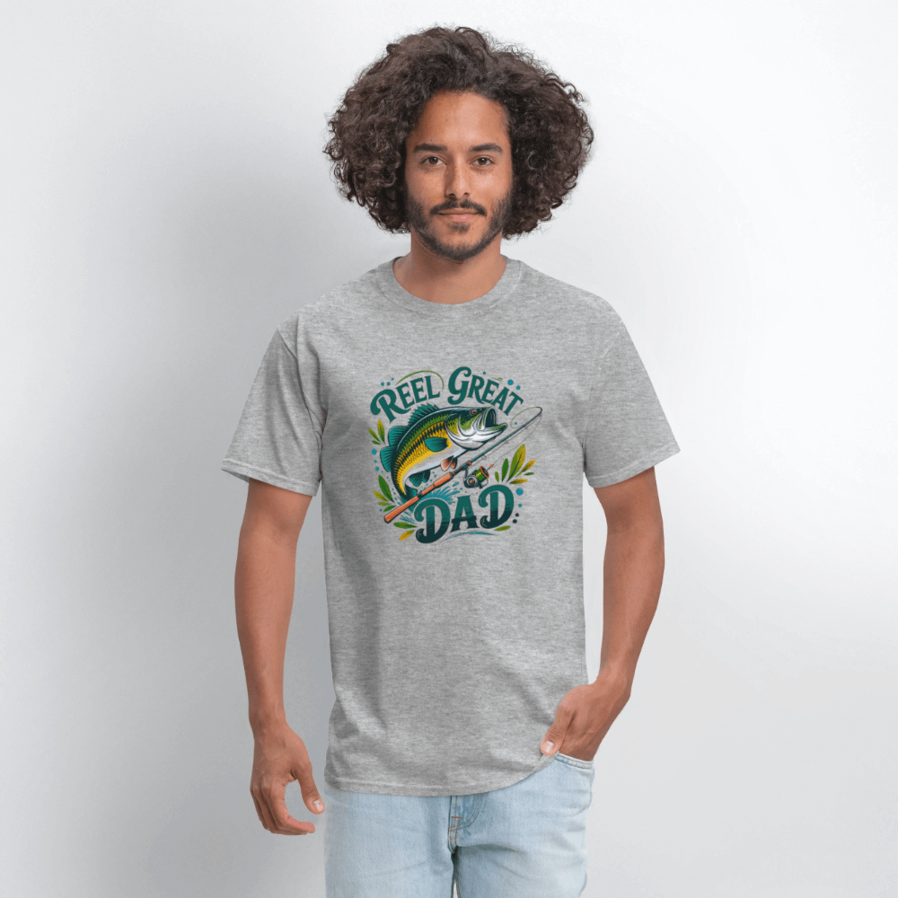 Reel Great Dad Funny Fishing T-Shirt with Rod & Fish - heather gray