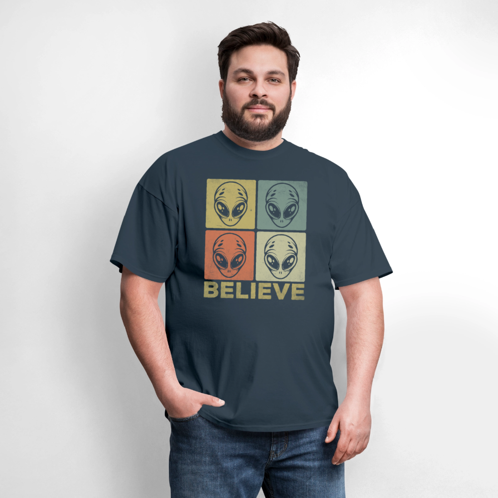 Believe Alien T-Shirt – UFO Style with Alien Faces Design - blue dusk