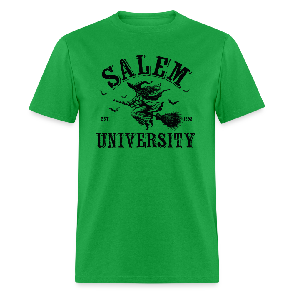 Salem University T-Shirt (Halloween Witch Riding Broom) - bright green