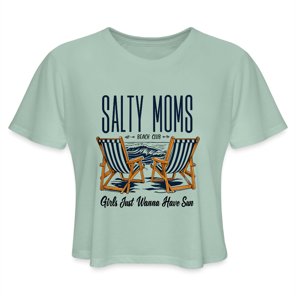 Salty Moms Beach Club Cropped T-Shirt – Fun Beach Tee - dusty mint blue
