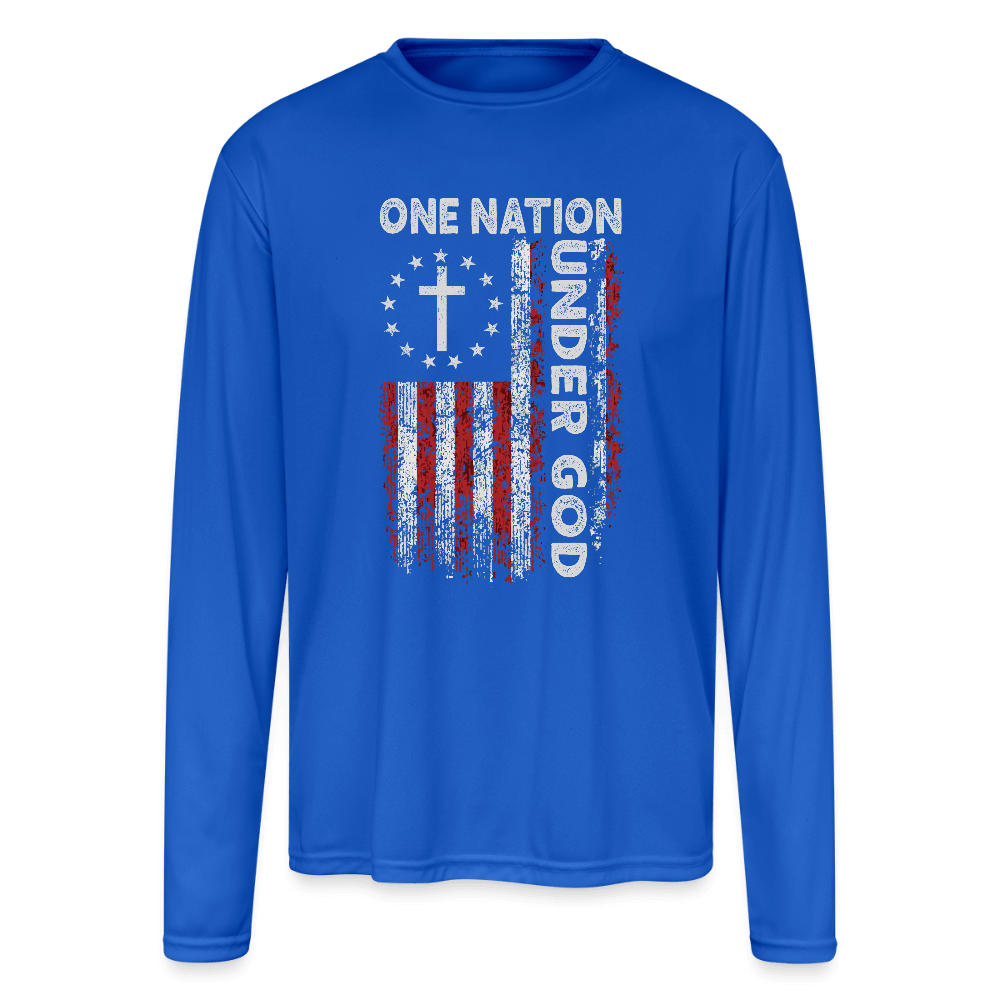 One Nation Under God Men’s Performance Long Sleeve – American Flag Design Color: royal blue