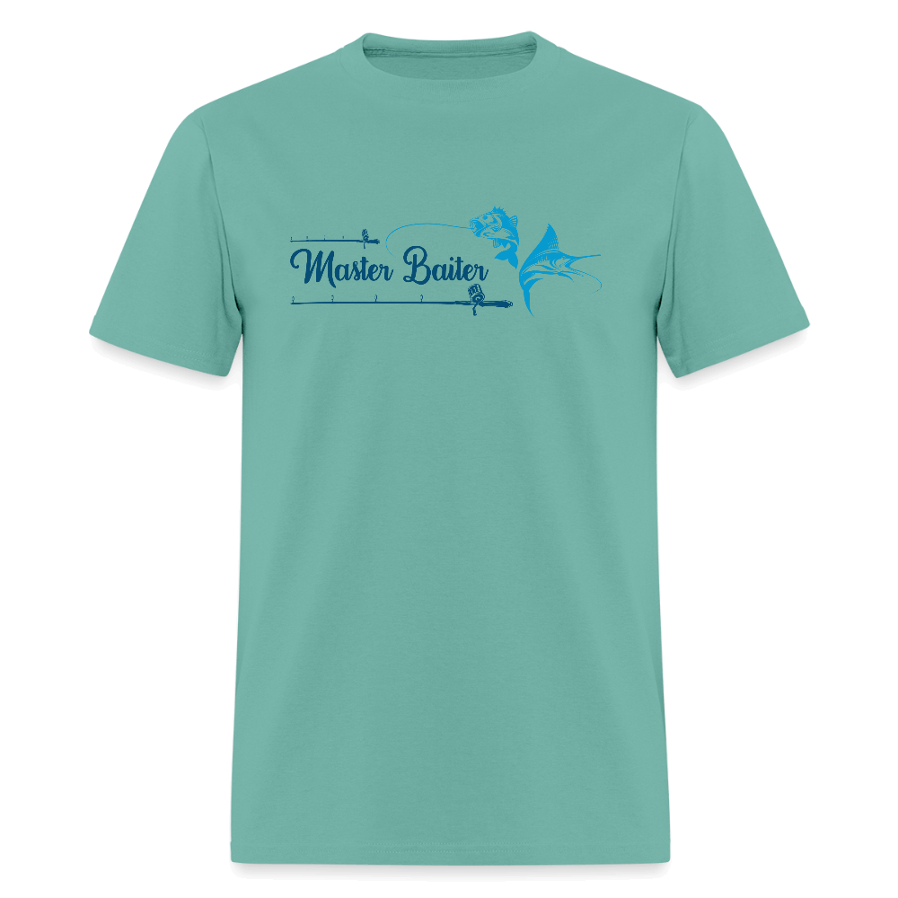 Master Baiter T-Shirt with Hooked Fish and Cursive Text - aquatic