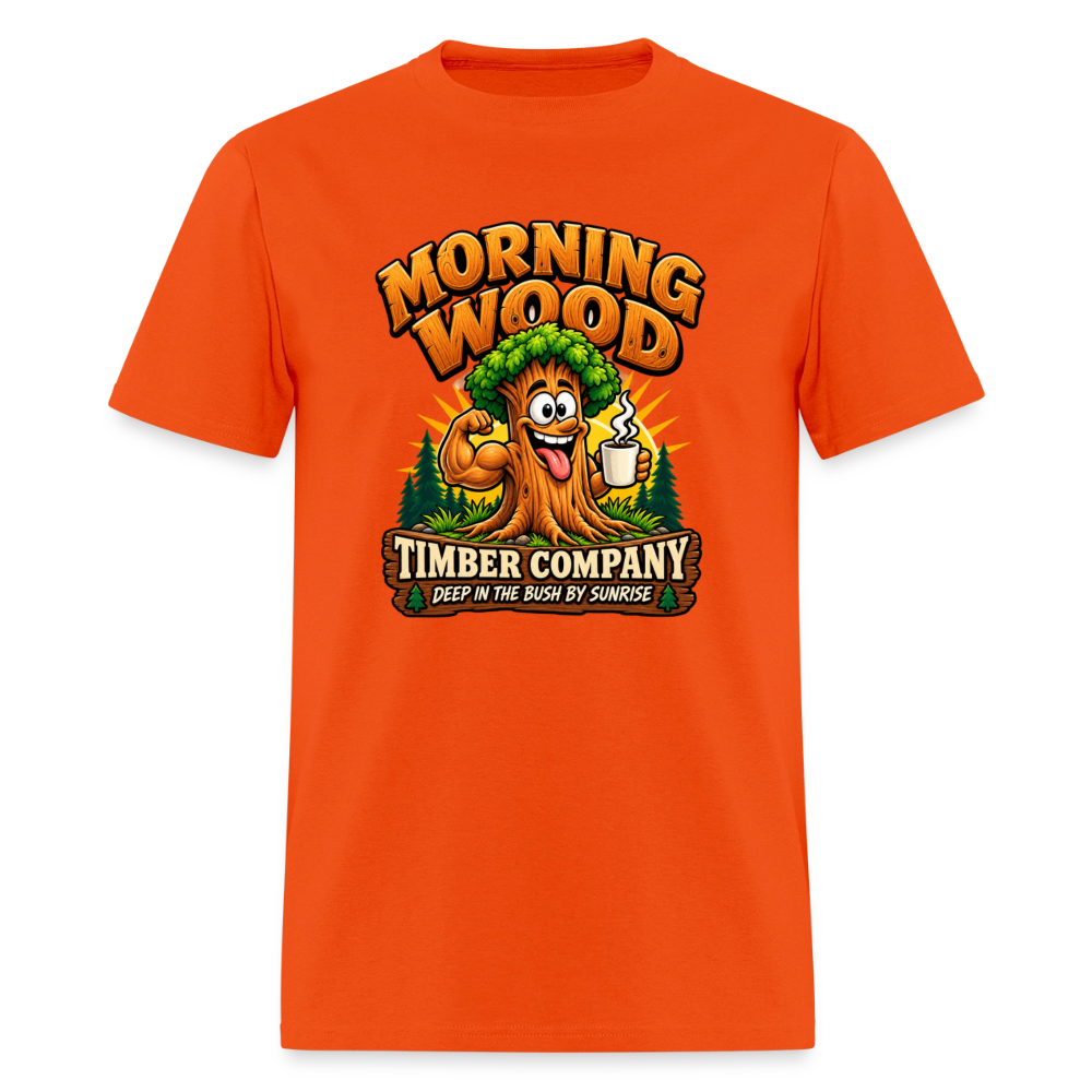Morning Wood Timber Company Funny Adult Humor T-Shirt – Deep in the Bush by Sunrise Color: Orange