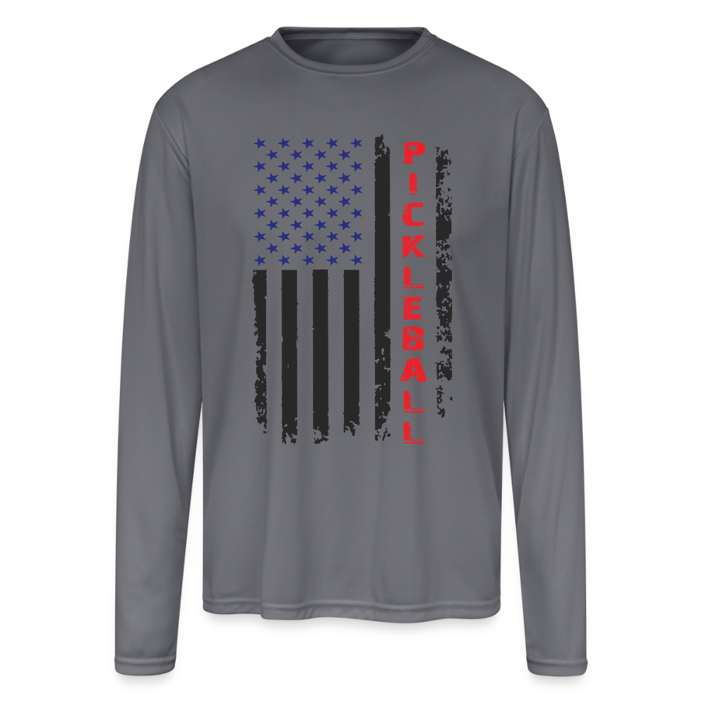 Pickleball Flag Men’s Performance Long Sleeve Shirt – Patriotic & Game Ready - gray