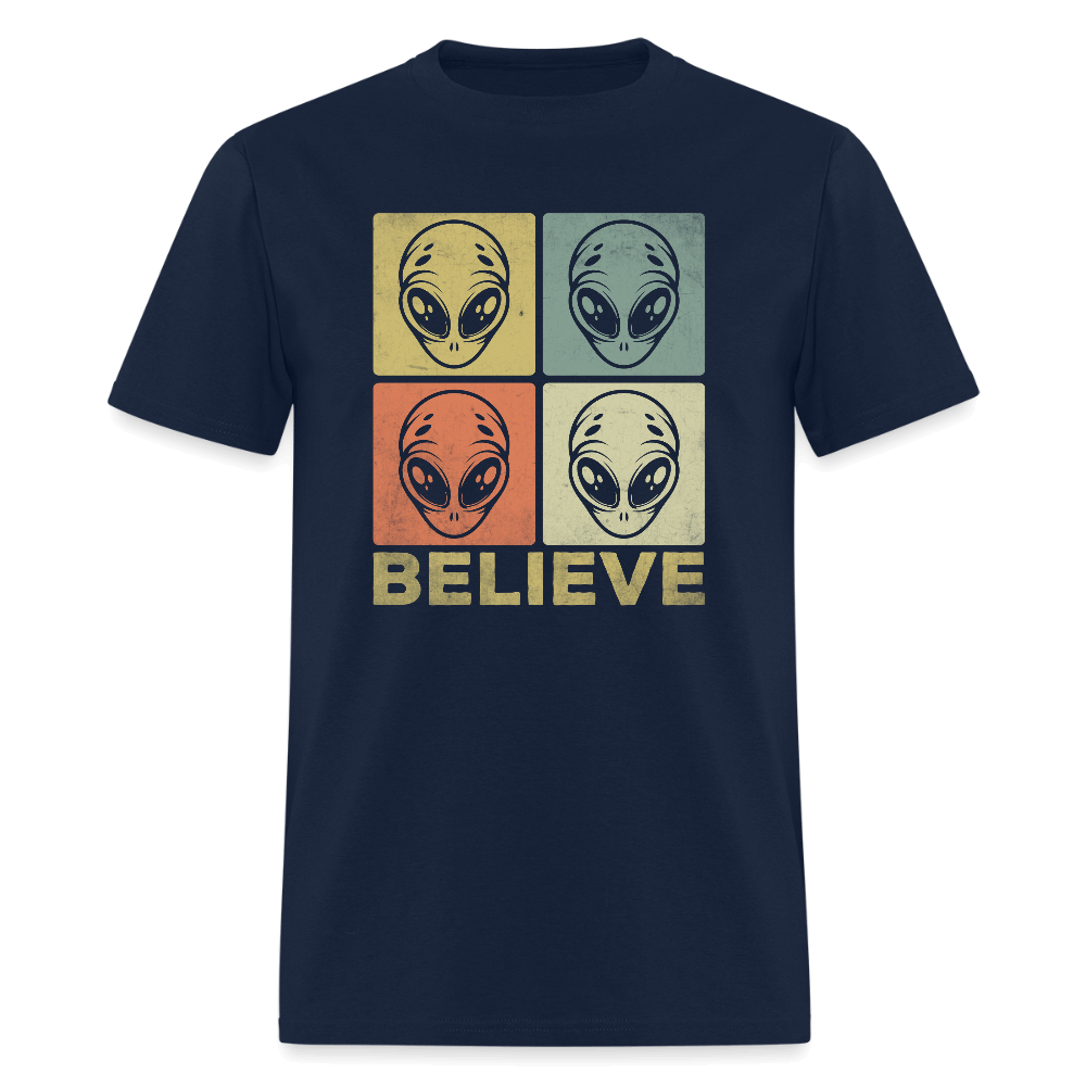 Believe Alien T-Shirt – UFO Style with Alien Faces Design Color: navy