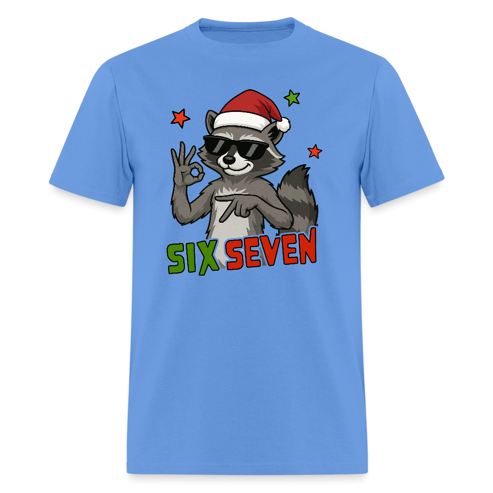 Six Seven 67 Raccoon Wearing Christmas Hat T-Shirt Color: carolina blue