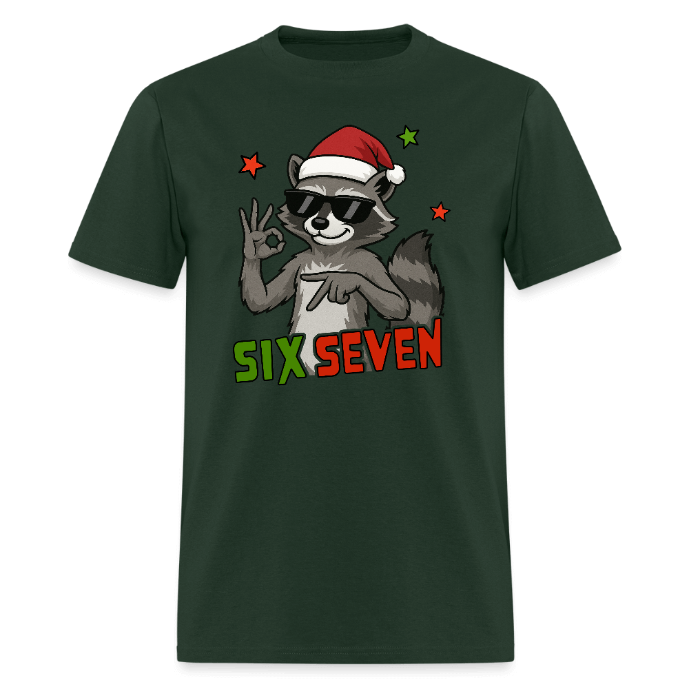 Six Seven 67 Raccoon Wearing Christmas Hat T-Shirt Color: forest green