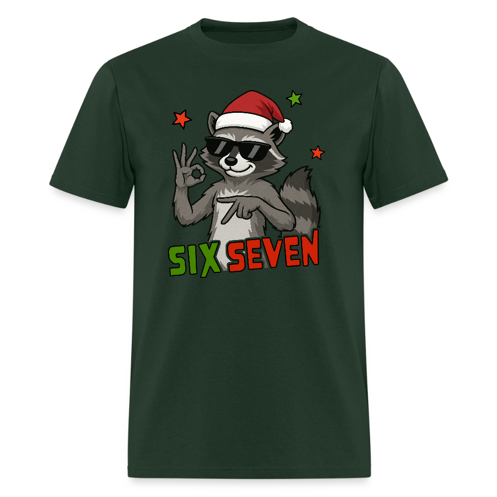 Six Seven 67 Raccoon Wearing Christmas Hat T-Shirt - forest green