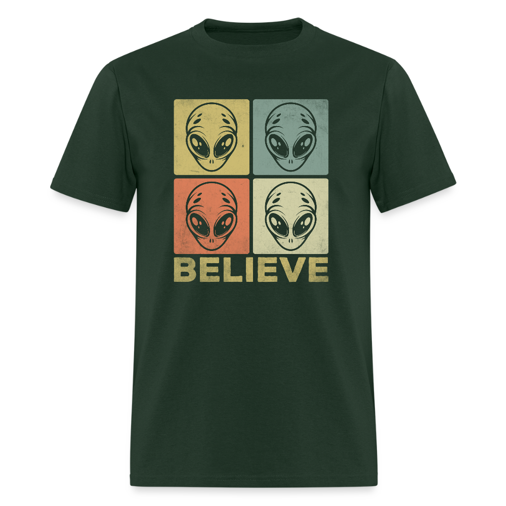 Believe Alien T-Shirt – UFO Style with Alien Faces Design - forest green