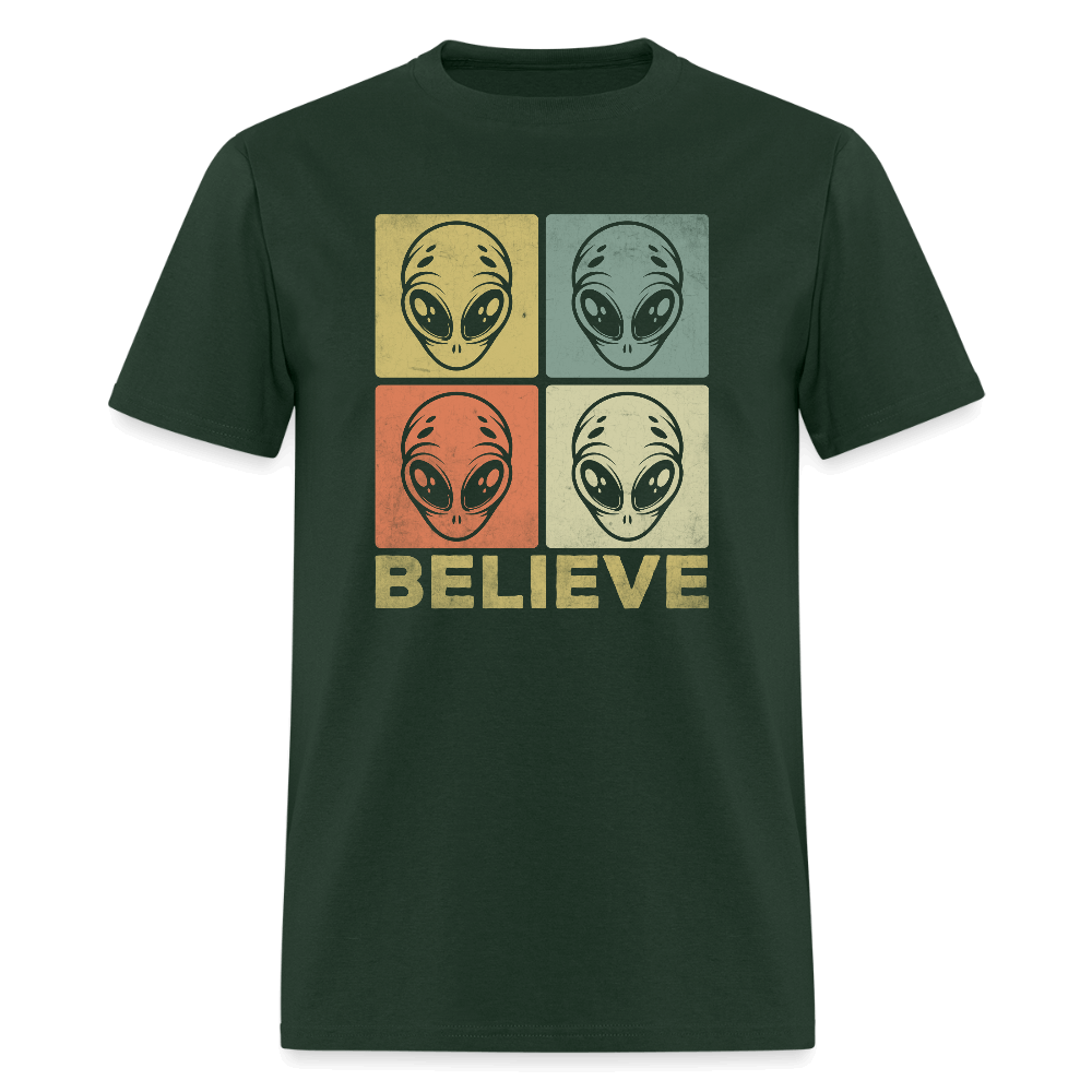 Believe Alien T-Shirt – UFO Style with Alien Faces Design Color: forest green