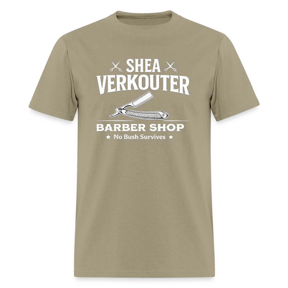 Shea Verkouter Barber Shop Funny Adult Humor T-Shirt Color: Khaki