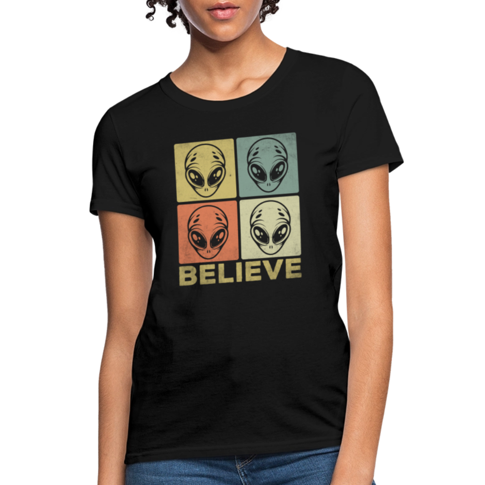 Believe Alien Women’s T-Shirt – Cute UFO Style with Alien Faces - black