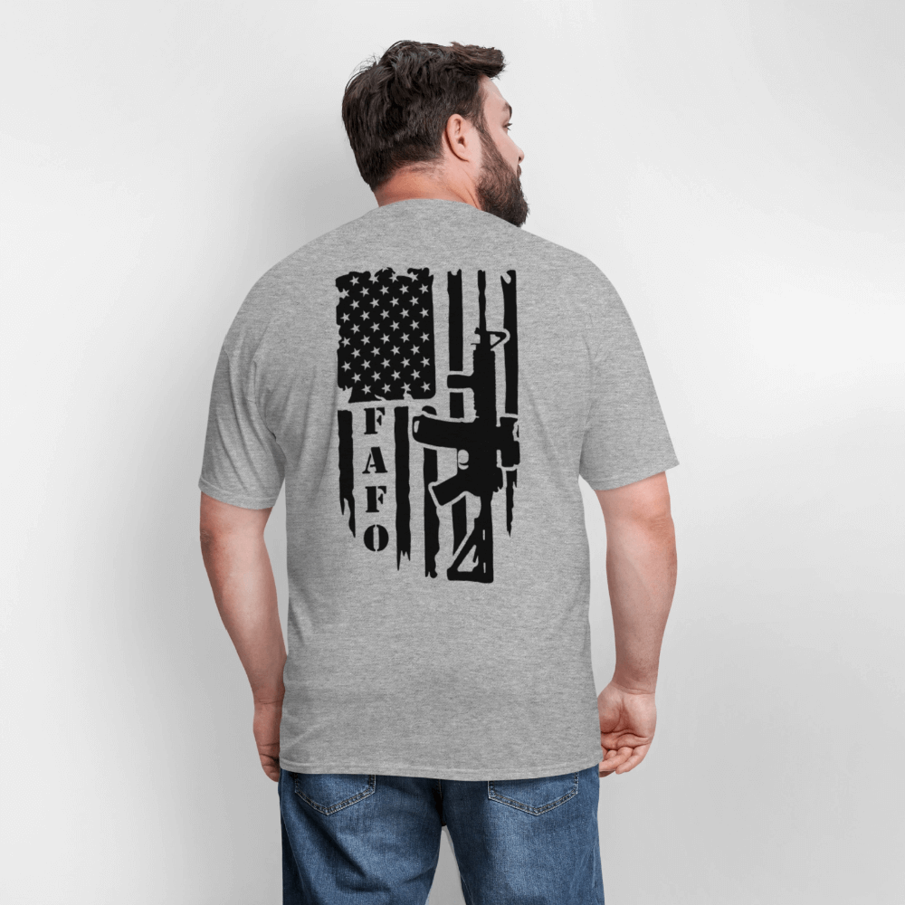 FAFO T-Shirt – AR-15 & American Flag Back Print Color: heather gray