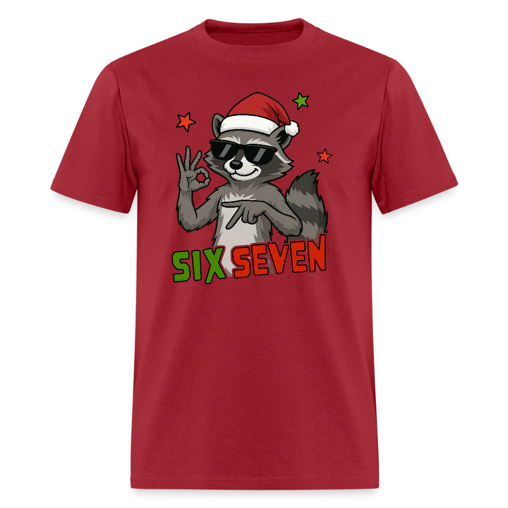 Six Seven 67 Raccoon Wearing Christmas Hat T-Shirt - dark red