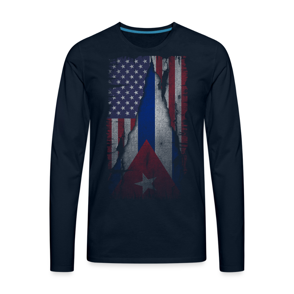 Cuba & USA Flag Men’s Long-Sleeve T-Shirt – Cuban American Heritage Color: deep navy