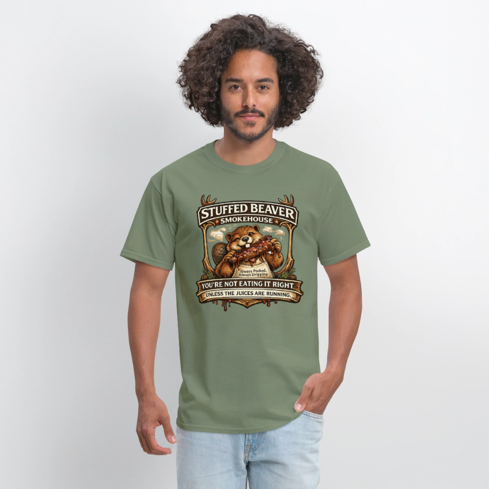 Stuffed Beaver Smokehouse Funny T-Shirt Color: Blue Dusk