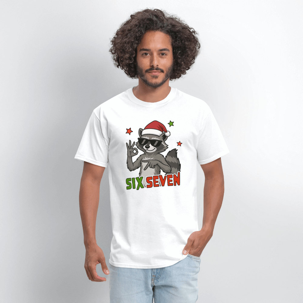 Six Seven 67 Raccoon Wearing Christmas Hat T-Shirt Color: heather gray