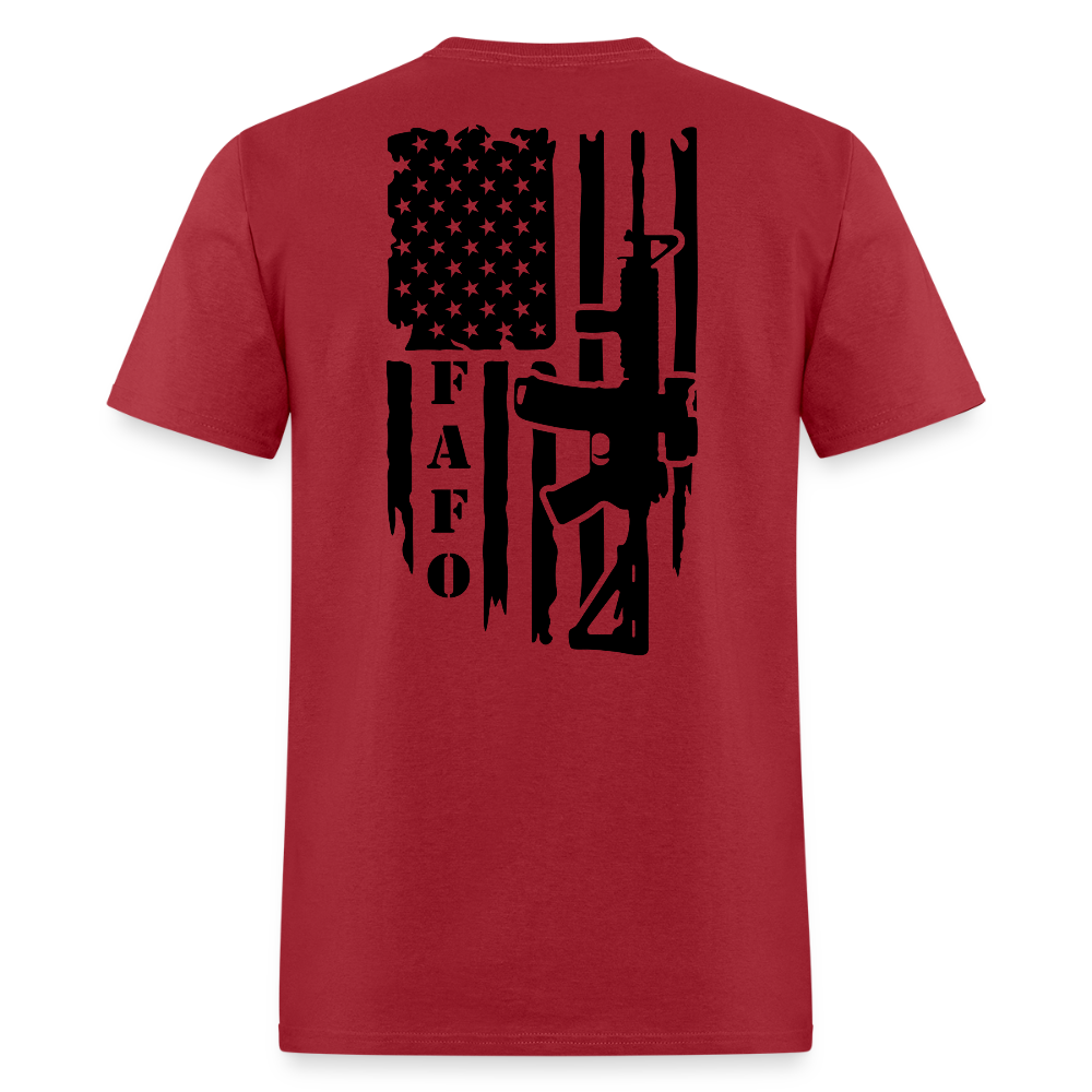 FAFO T-Shirt – AR-15 & American Flag Back Print Color: dark red