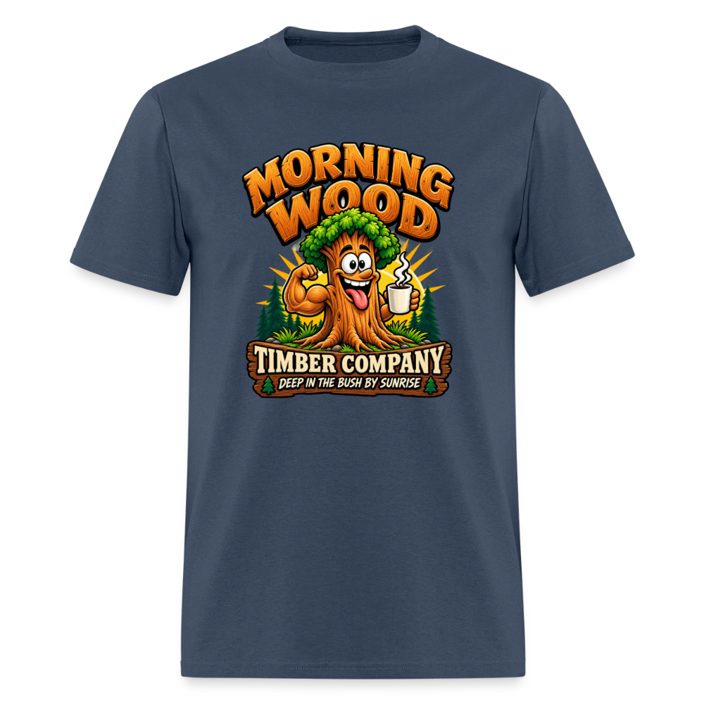 Morning Wood Timber Company Funny Adult Humor T-Shirt – Deep in the Bush by Sunrise Color: Blue Dusk