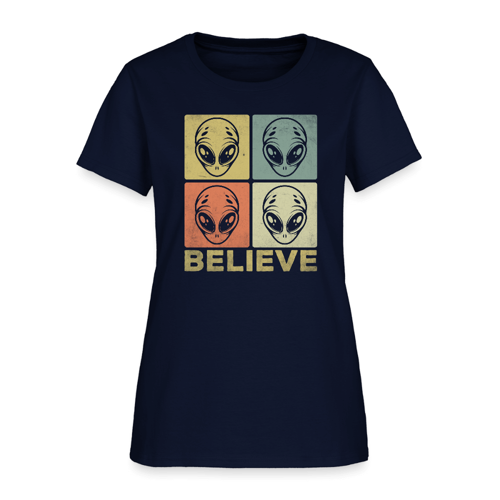Believe Alien Women’s T-Shirt – Cute UFO Style with Alien Faces Color: navy