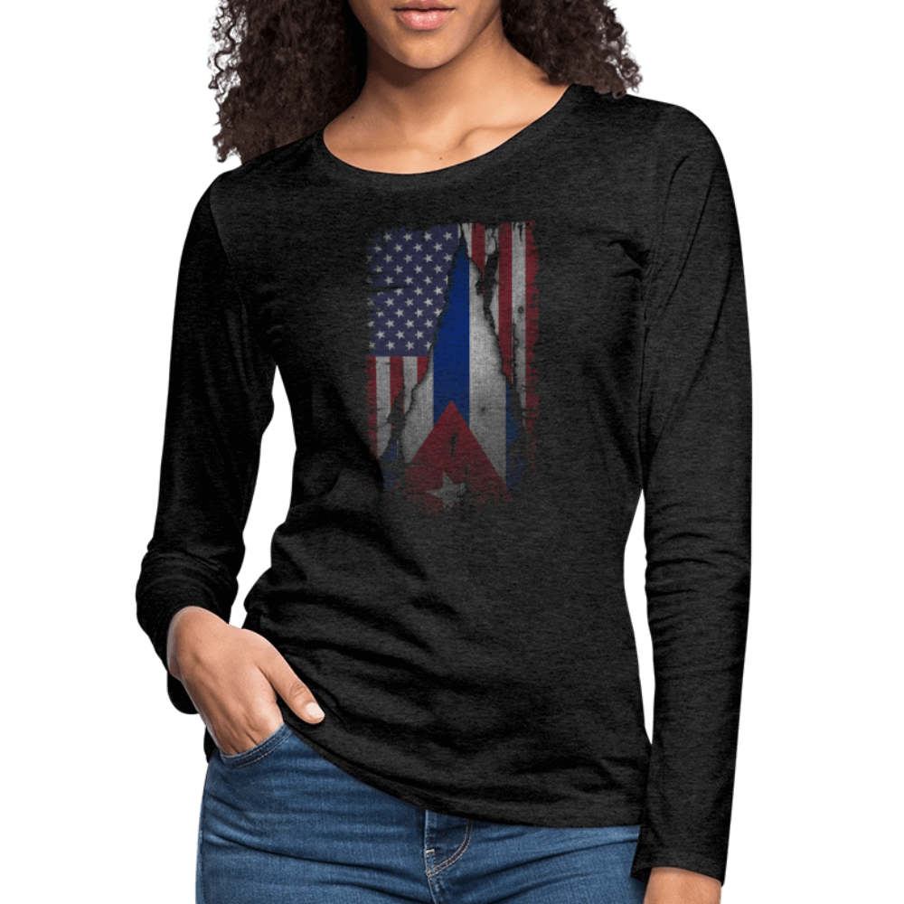 Cuba & USA Flag Women’s Long-Sleeve Tee – Cuban American Pride Color: charcoal grey