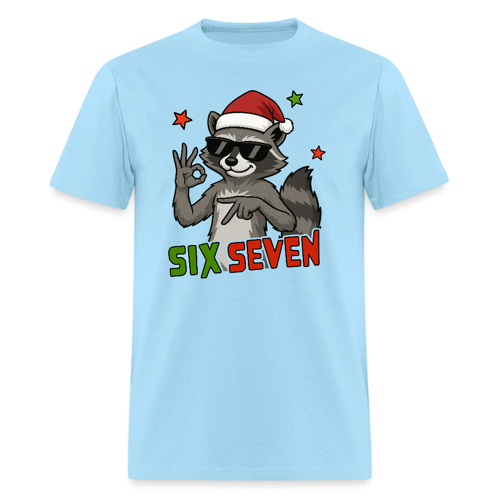 Six Seven 67 Raccoon Wearing Christmas Hat T-Shirt Color: powder blue