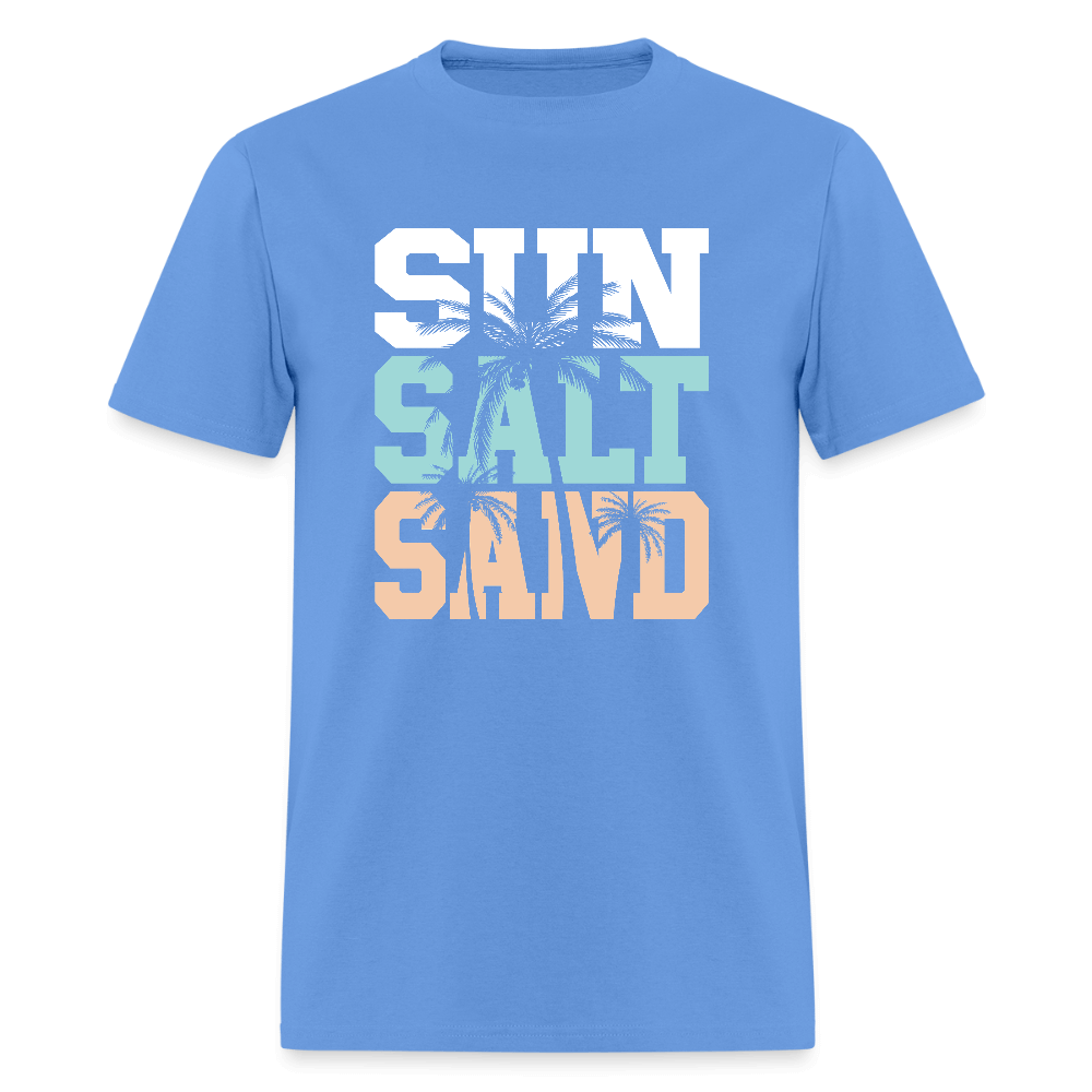 Sun Salt Sand Beach T-Shirt with Palm Tree Design - carolina blue