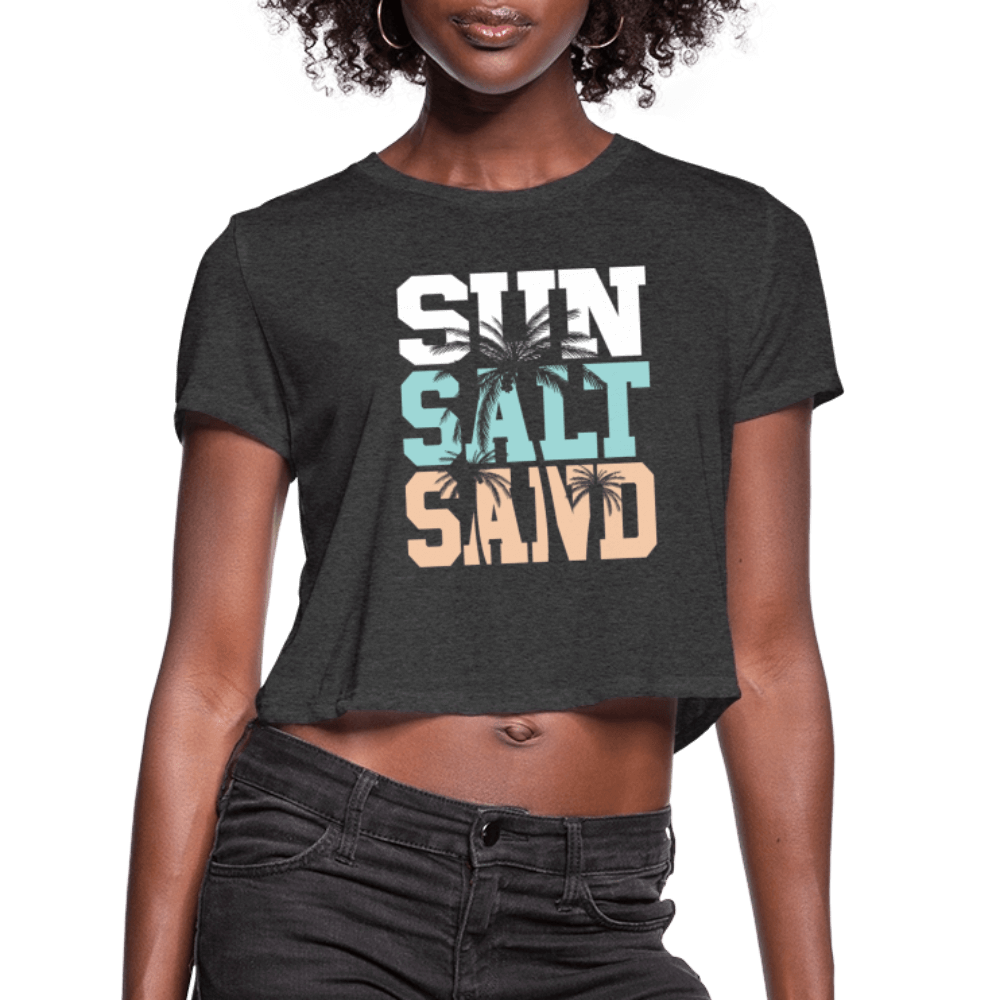 Sun Salt Sand Women’s Crop Top with Palm Tree Design - deep heather