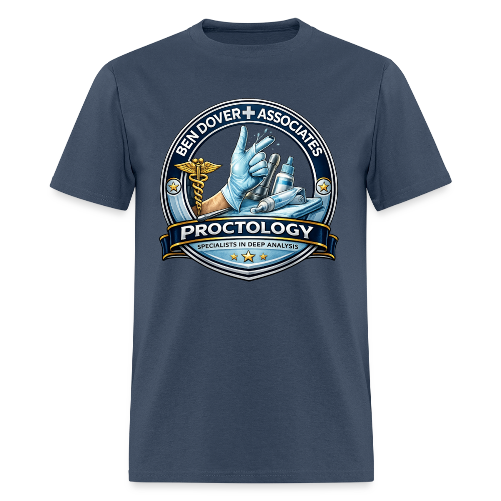 Ben Dover Proctology Funny Graphic T-Shirt Color: Blue Dusk