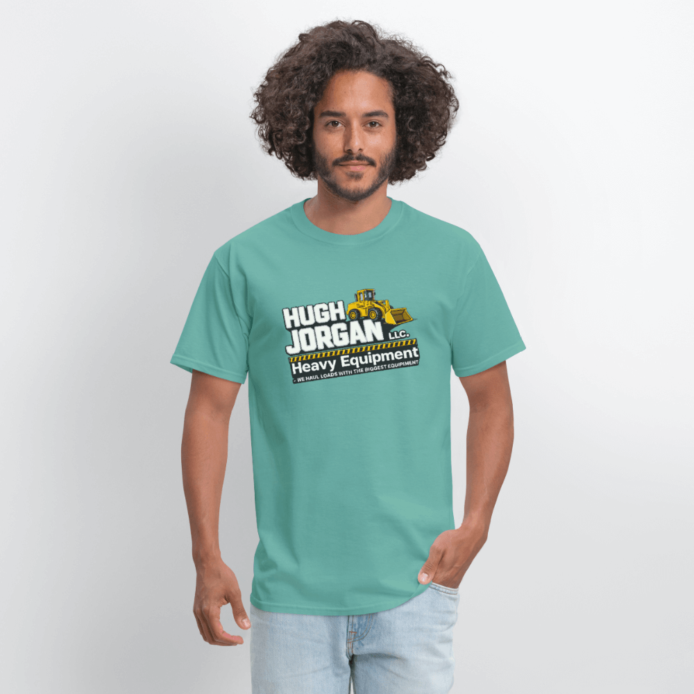 Hugh Jorgan T-Shirt – Heavy Equipment Adult Humor Tee Color: blue dusk