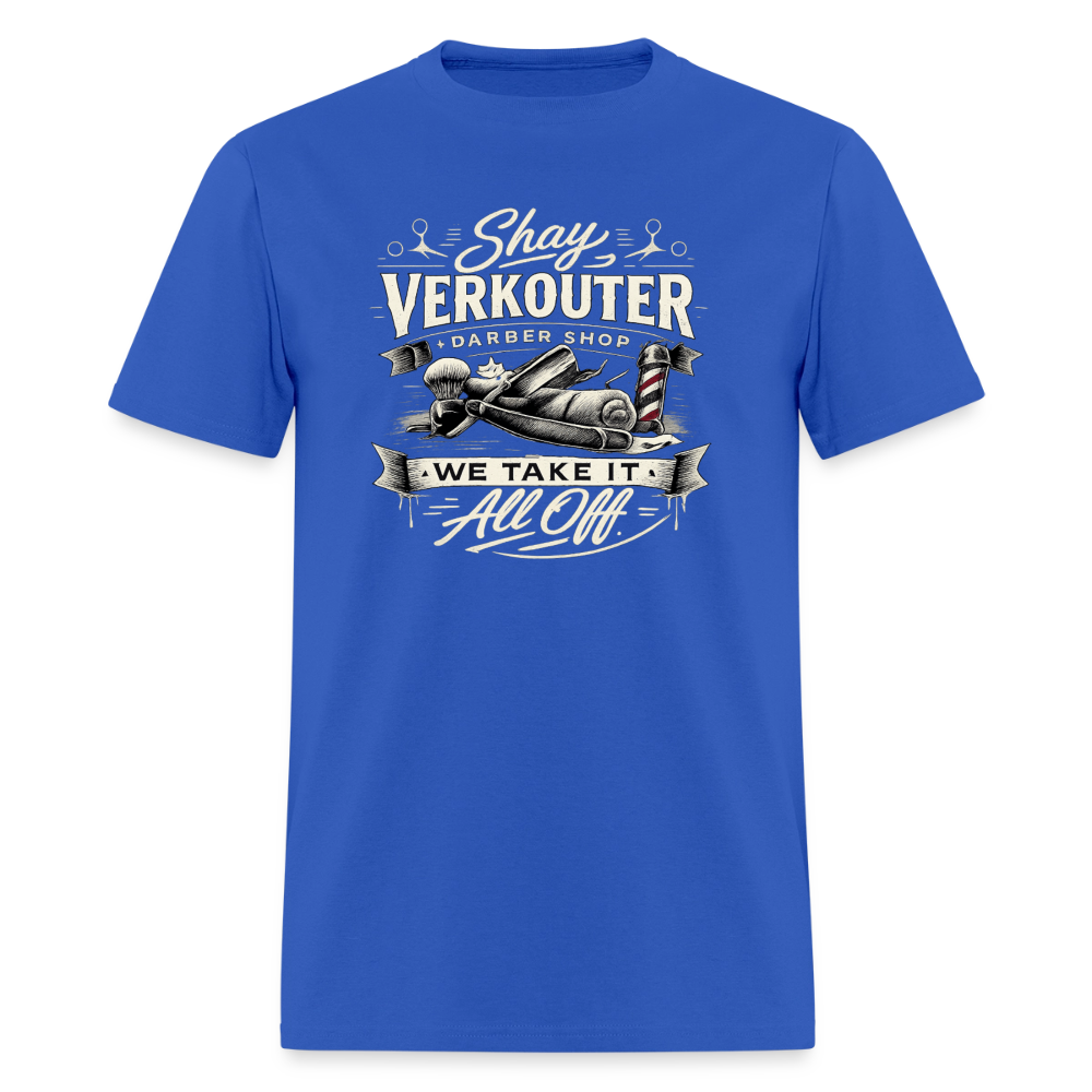 Shay Verkouter Barber Shop Funny Adult T-Shirt Color: Royal Blue