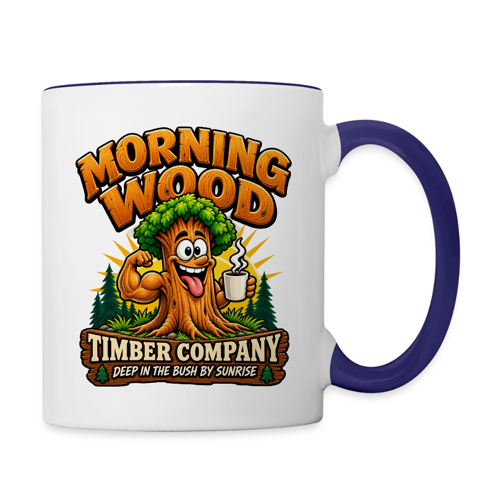 Morning Wood Timber Company Funny Ceramic Coffee Mug – Adult Humor Color: White/Cobalt Blue
