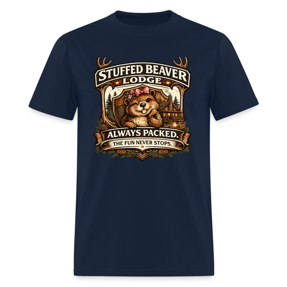 Stuffed Beaver Lodge Funny Adult T-Shirt Color: Navy