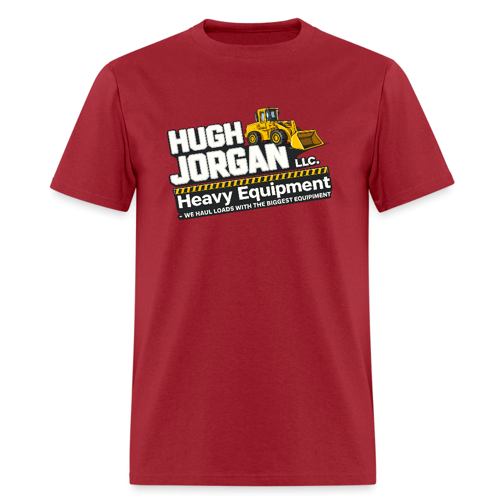 Hugh Jorgan T-Shirt – Heavy Equipment Adult Humor Tee Color: dark red
