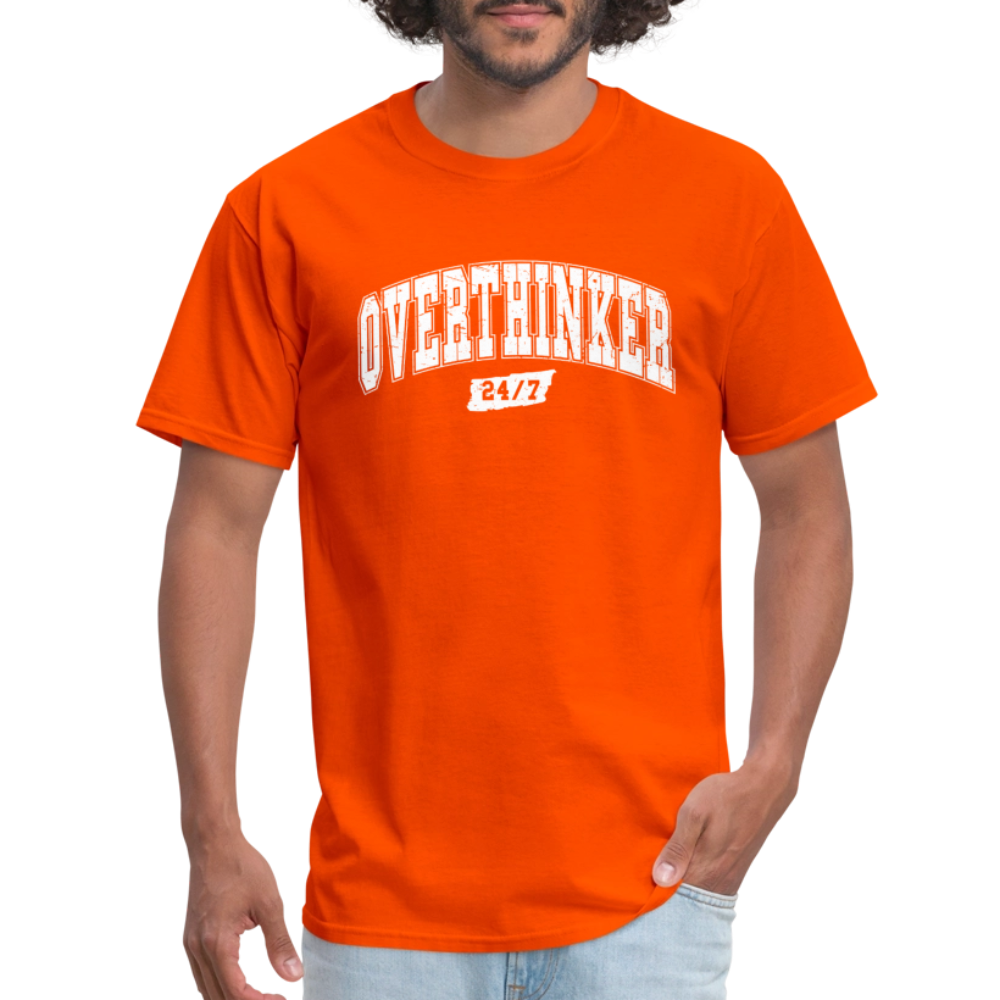 Overthinker 24/7 Funny T-Shirt – White Arched Letters Color: heather black