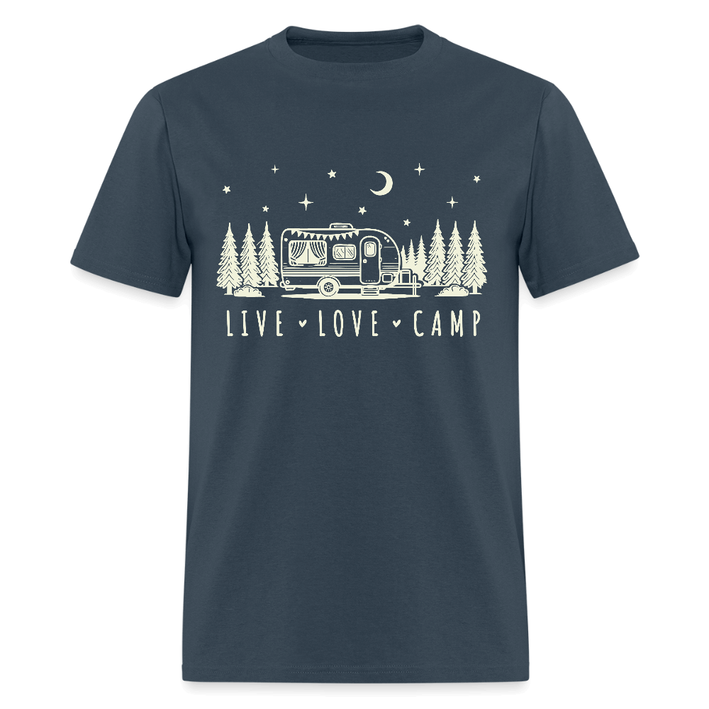 Live Love Camp T-Shirt – Camper Under the Night Sky - blue dusk